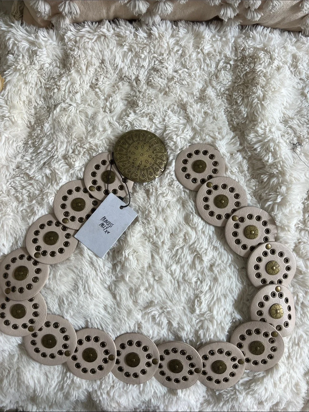 NWT | Princess Polly Beige Medallion Leather Belt with Brass Discs, Size S/M